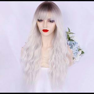 Platinum white blonde curly wig with bangs